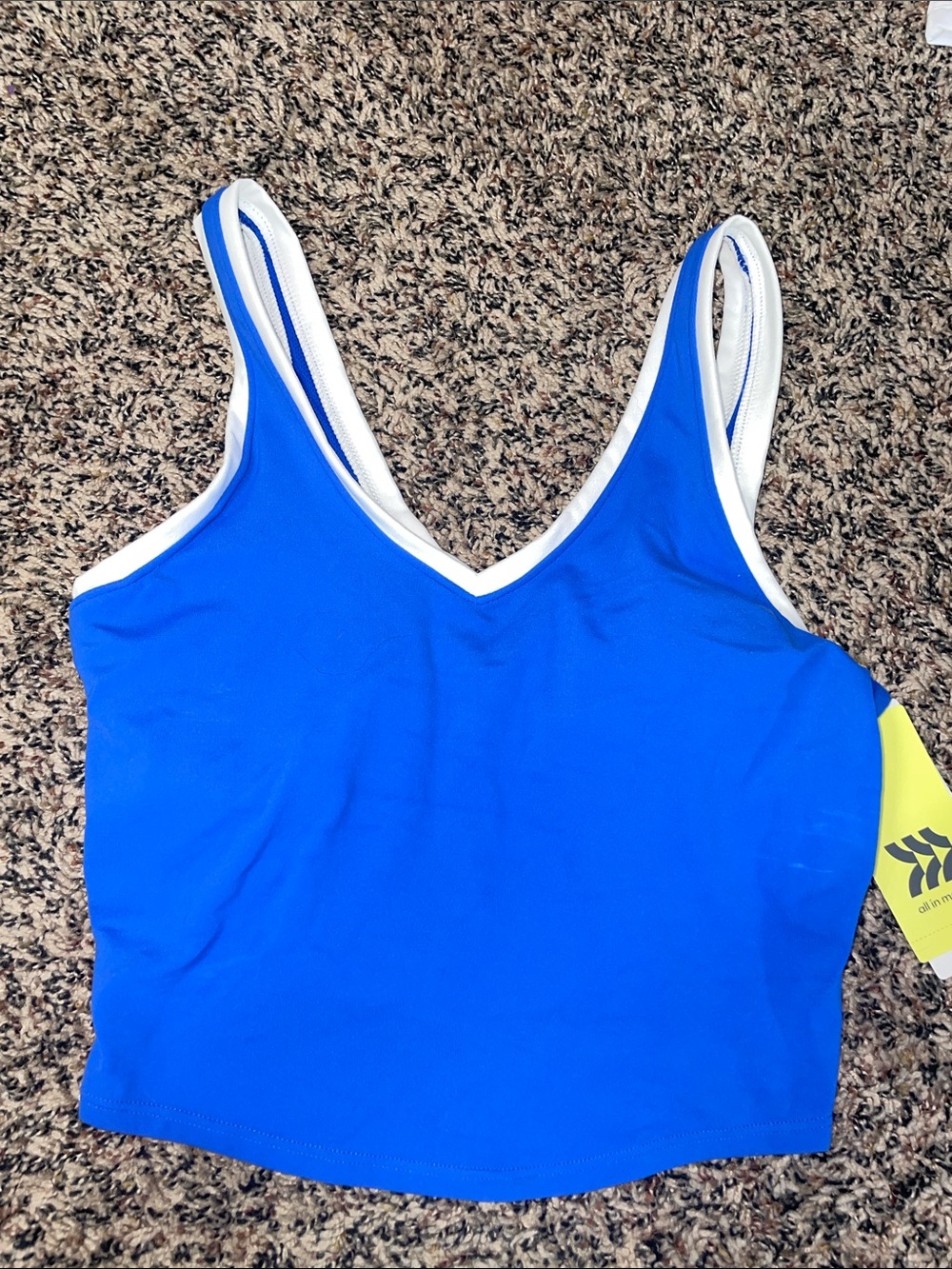 all in motion Blue V-Neck Crop Tank with White Trim XS NWT
